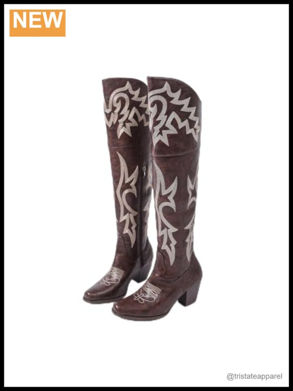 Over-the-Knee Square Toe Cowboy Boots Embroidered PU Leather Chunky Heel Zip